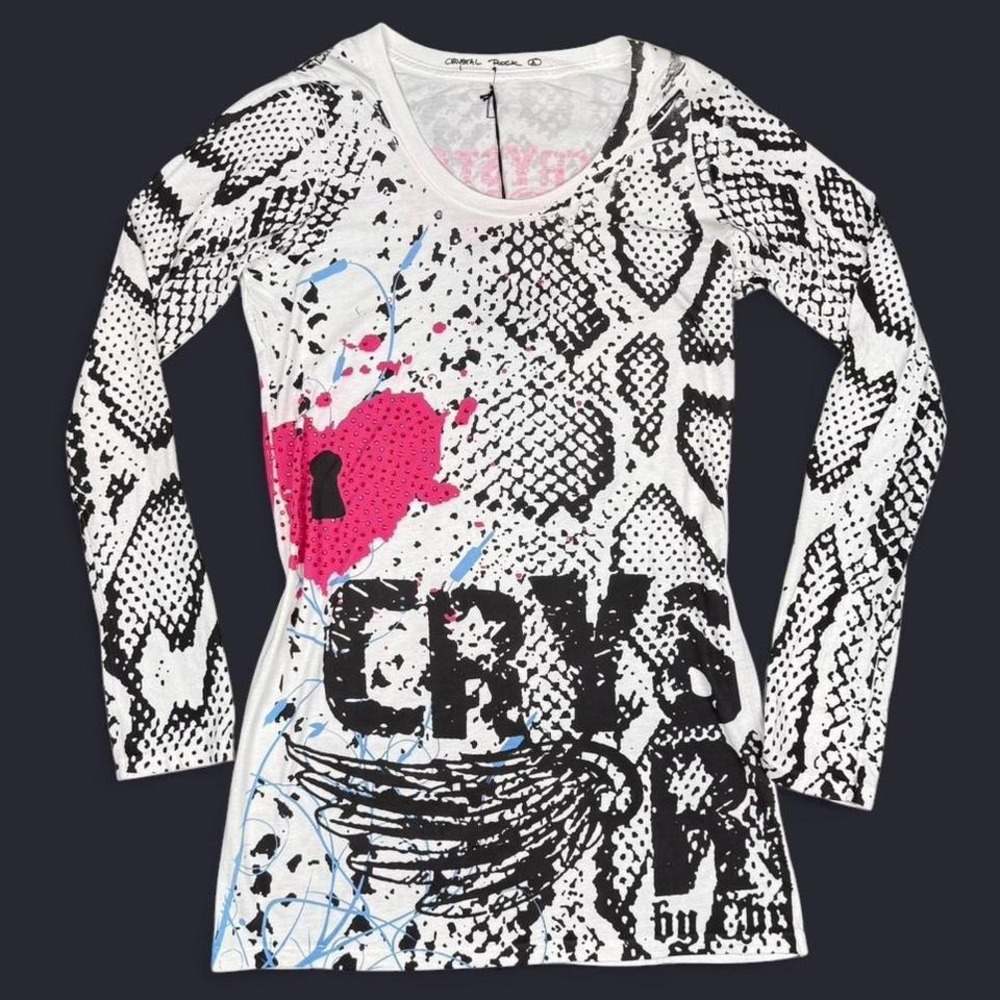 Y2K Deadstock Crystal Rock Snake Print Long Sleeve Tee / mini dress Size Large
